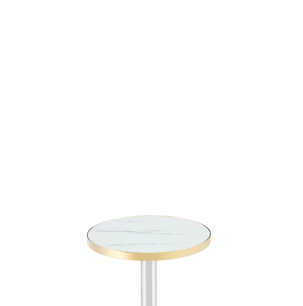 Tavolino rotondo 60 cm in MDF e metallo; bianco con bordo dorato
