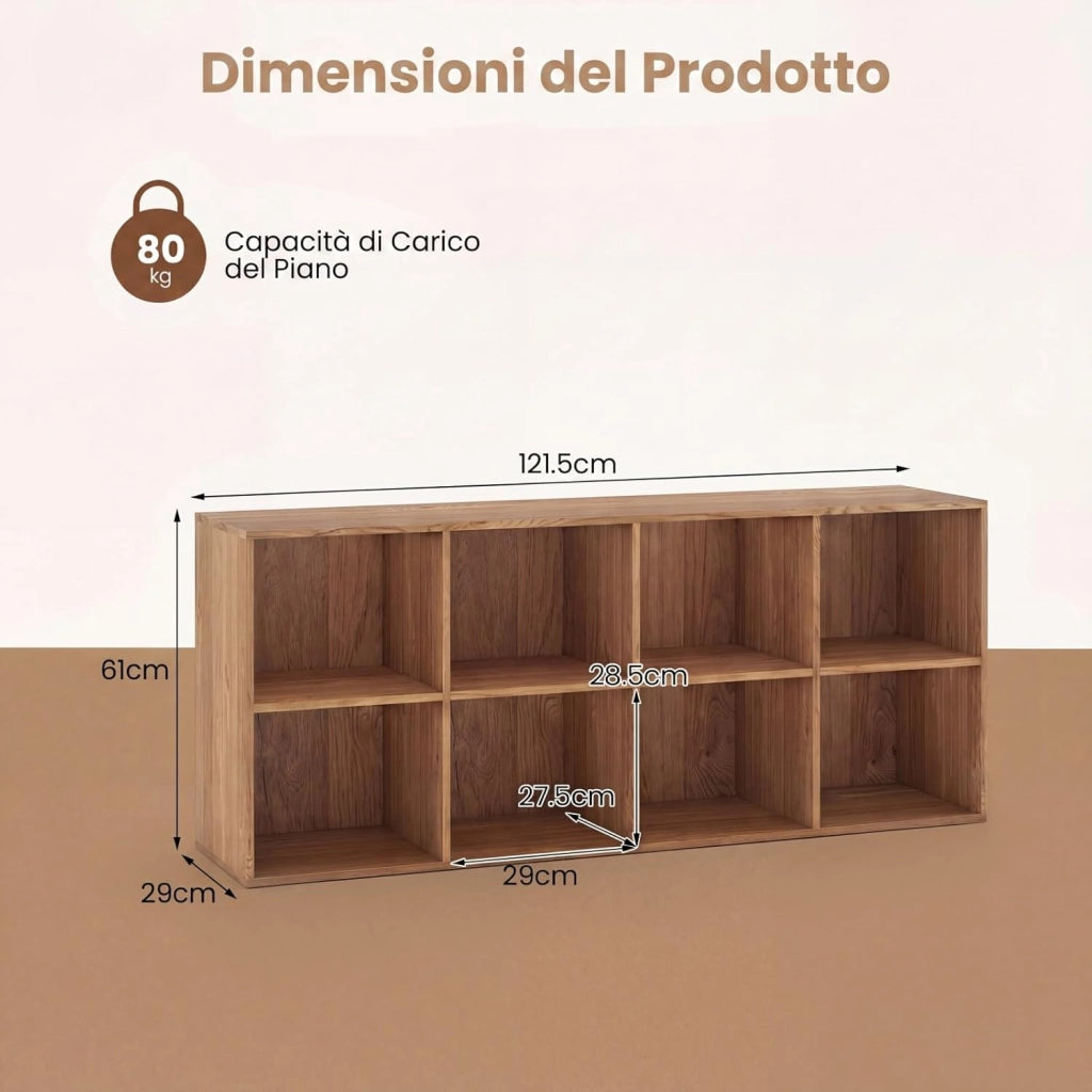 Libreria Basso a 8 Scomparti Aperti, 121,5 X 29 X 61 CM, Scaffale Libreria in legno con Dispositivi Antiribaltamento, Carico 180 KG, Espositore Salvaspazio per Soggiorno, Ufficio
