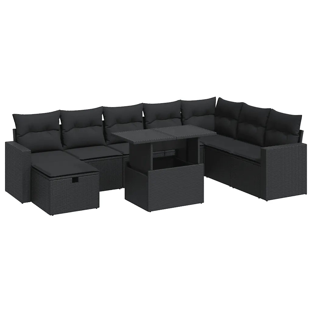 vidaXL Set Divani da Giardino 9 pz con Cuscini Nero in Polyrattan
