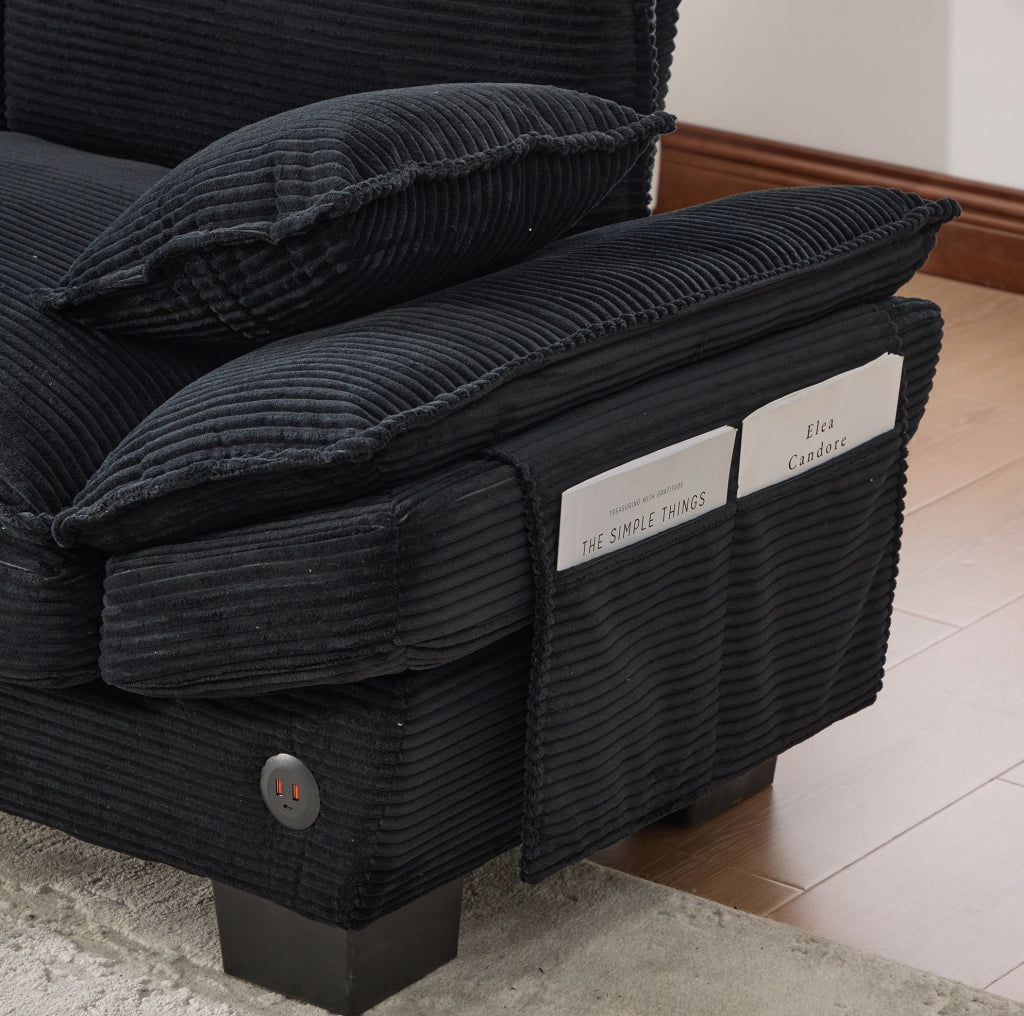 Divano 2 posti ULEVR con pouf contenitore, USB-C e tasche laterali, velluto a coste nero, 190x132x84 cm