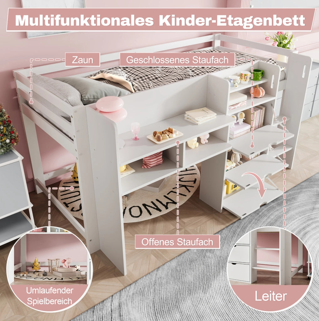 Letto rialzato per bambini 90x200 cm con contenitore bianco