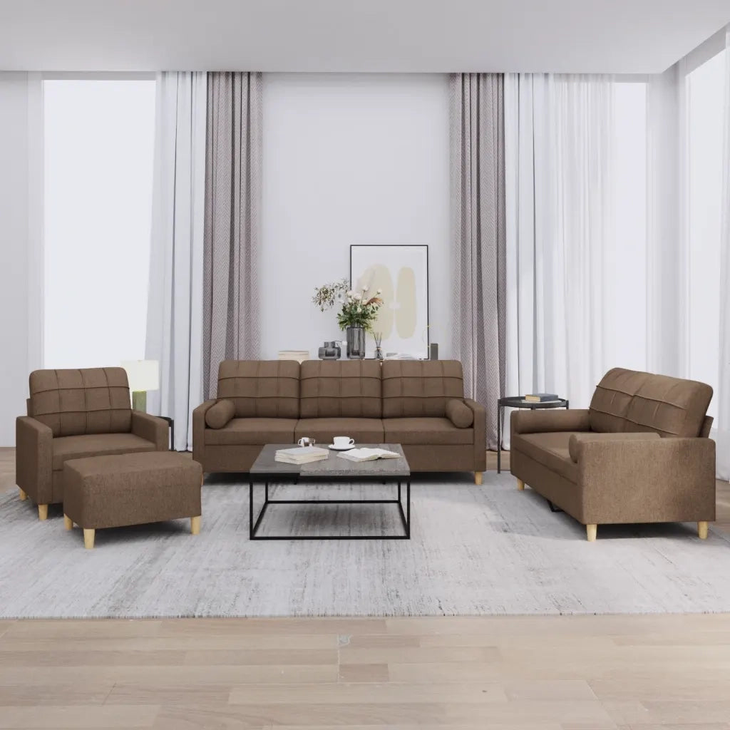 Set di Divani 4 pz con Cuscini Marrone in Tessuto
