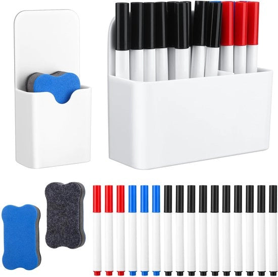 Accessori per lavagna bianca, 2 pezzi di orefice magnetico con 2 pezzi di spugna per lavagna, 16 matite per lavagna per scuola, ufficio, lavagna, frigorifero (bianco)