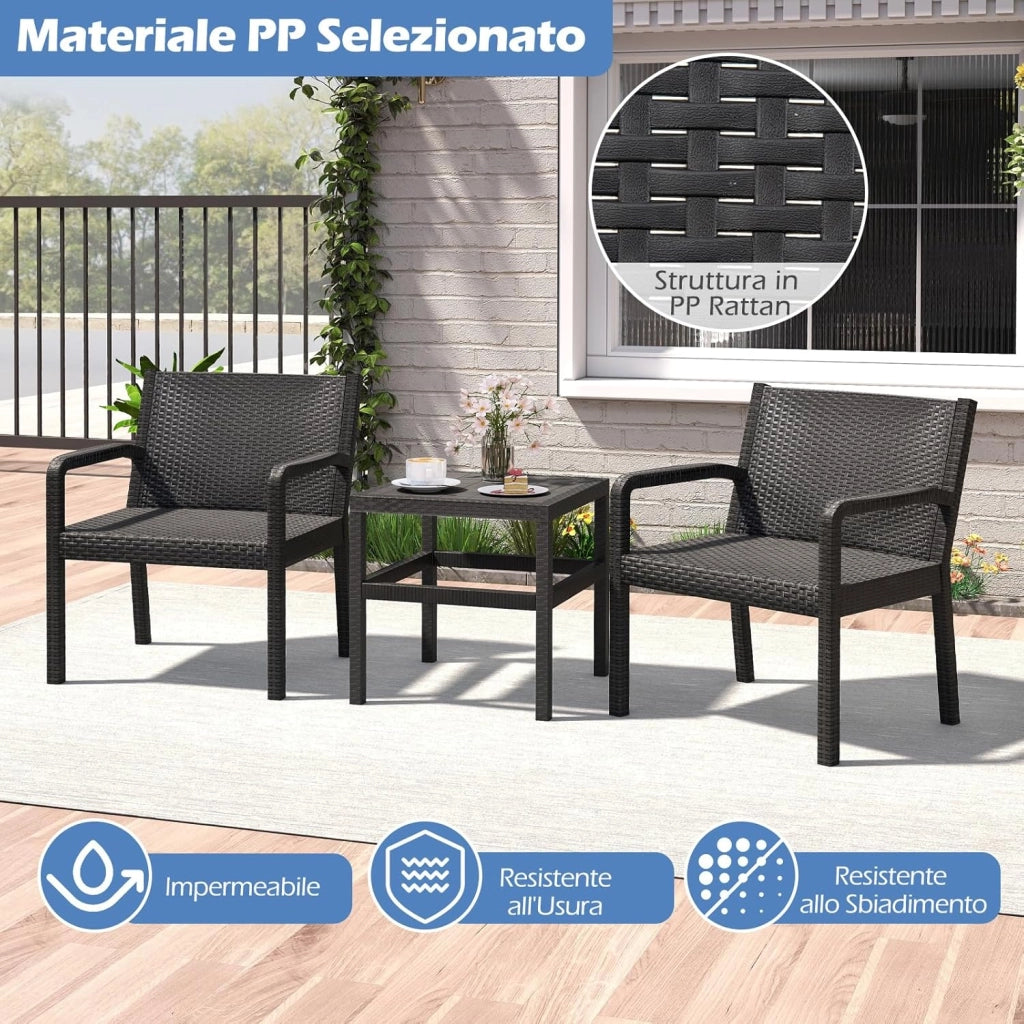 Tavolino e 2 Sedie in Rattan PP da Balcone, Set Giardino con Tavolino Quadrato e 2 Poltrone, Salotto da Esterno per Bordo Piscina (Nero)