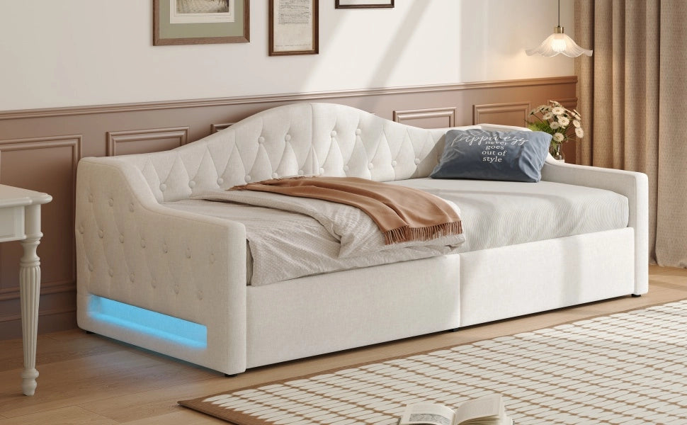 DESMIU Divano letto 90 × 200 cm con LED, vano contenitore, senza materasso, in MDF e compensato, beige