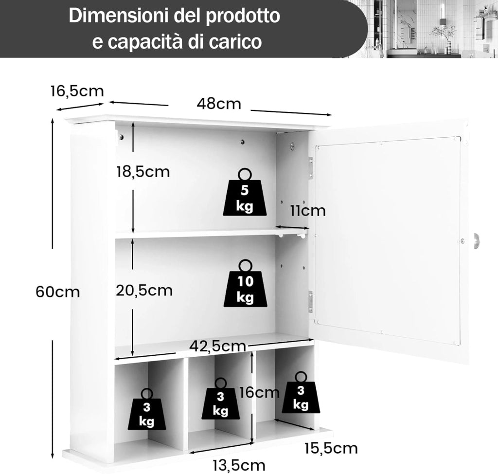 Mobiletto Bagno con Specchio in Legno, Armadio Farmacia da Muro, Armadietto da Parete per Bagno, 50 x 16 x 61 cm (Bianco)