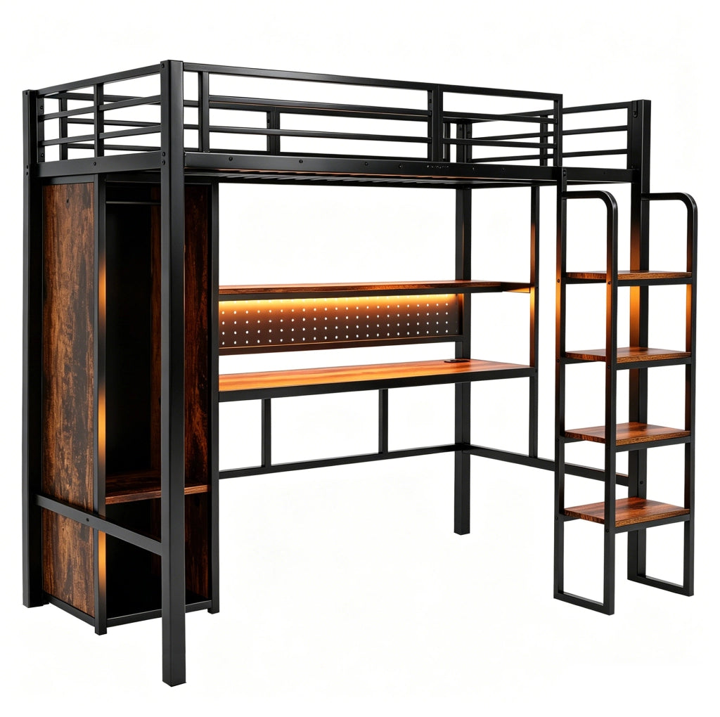 Letto a soppalco multifunzione 90x200 cm in metallo e MDF; nero; con scrivania; armadio e LED