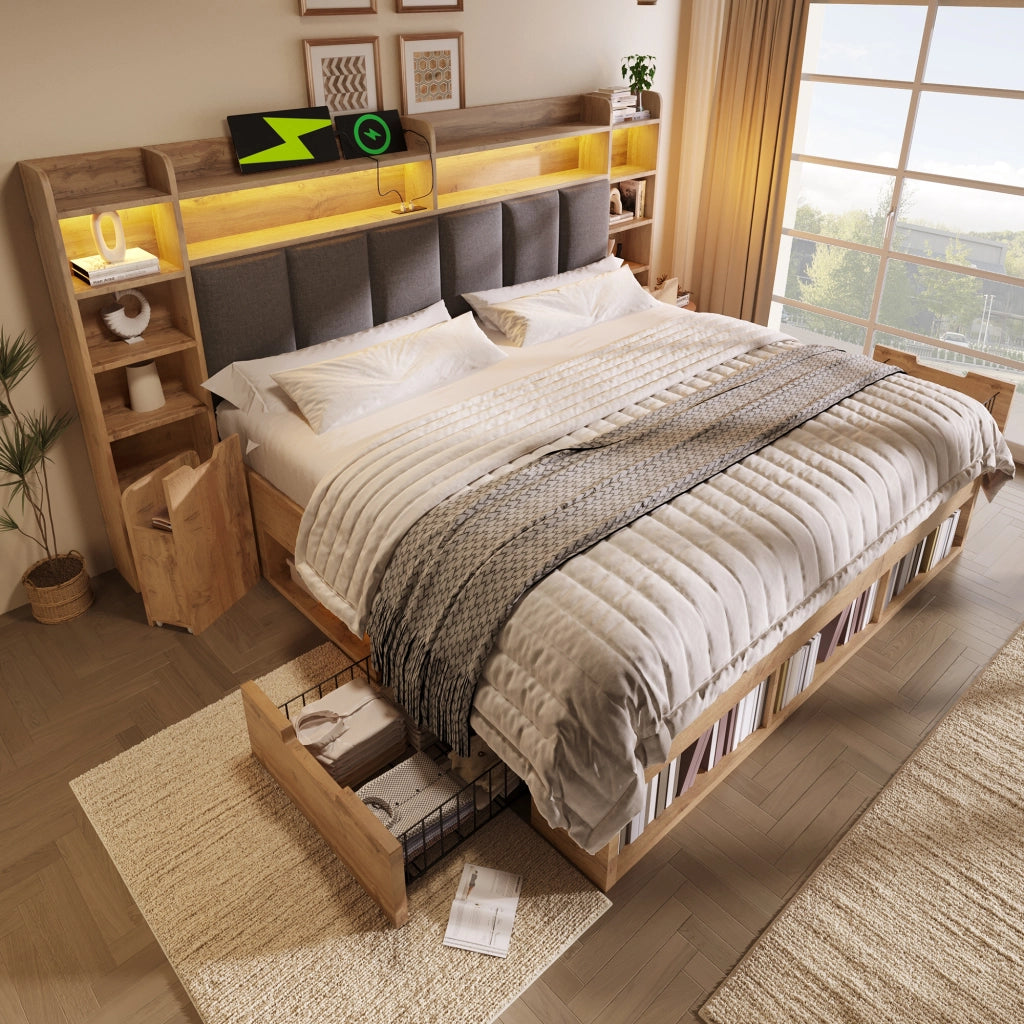 Letto contenitore matrimoniale 160 × 200 cm con LED, USB e Type-C, cassetti, senza materasso, rovere
