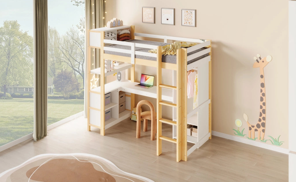 DESMIU Letto a soppalco 90 × 200 cm con scrivania, ripiani e armadio, senza materasso, per bambini da 6 anni, bianco naturale