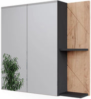 Mobile a specchio per bagno Irma, Antracite/quercia dorata, 80 x 75 cm, per montaggio a parete con ripiani aperti e specchio