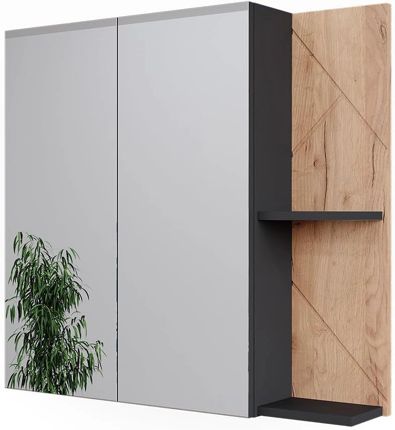 Mobile a specchio per bagno Irma, Antracite/quercia dorata, 80 x 75 cm, per montaggio a parete con ripiani aperti e specchio