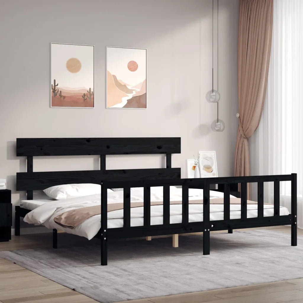 Letto matrimoniale | Letto per adulti | Giroletto con Testiera Nero 200x200 cm in Legno Massello