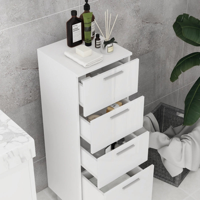 Mobiletto bagno stretto bianco con 4 cassetti, design lucido, 30 x 30 x 93 cm