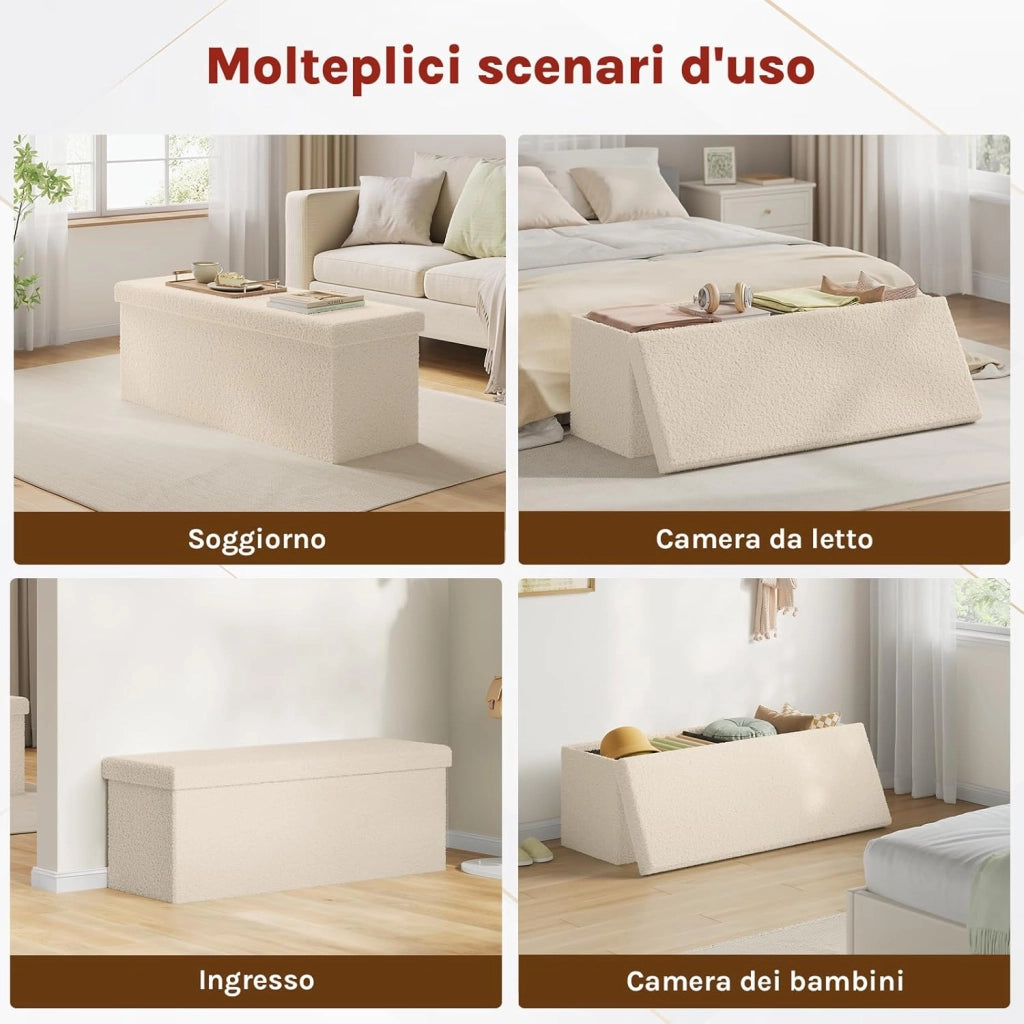 Cassapanca Contenitore da Interno, Pouf Poggiapiedi Pieghevole, con Pannello Divisorio, Rivestimento in Tessuto Teddy, per Camera da Letto, Ingresso, Soggiorno, 110x38x38,5 cm, Beige