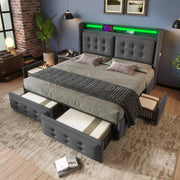 Letto imbottito 160x200 con LED, porte USB e 4 cassetti salvaspazio