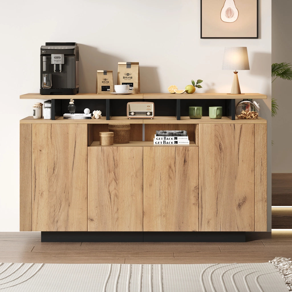 Credenza moderna in truciolato naturale e nero con 4 ante e 3 vani aperti, 140x40x85 cm