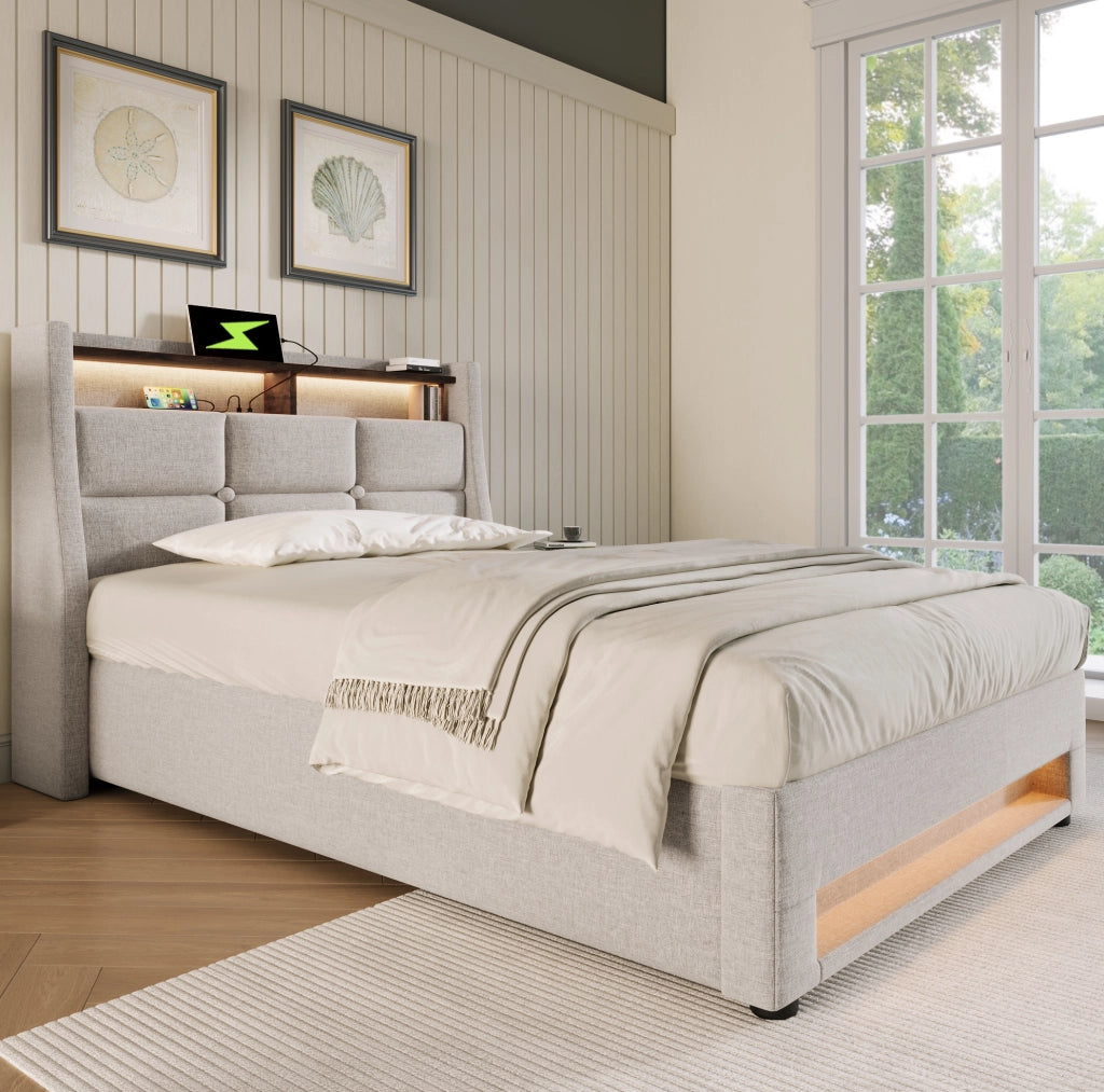 Letto imbottito singolo 90x200 cm beige con LED, USB e vano contenitore