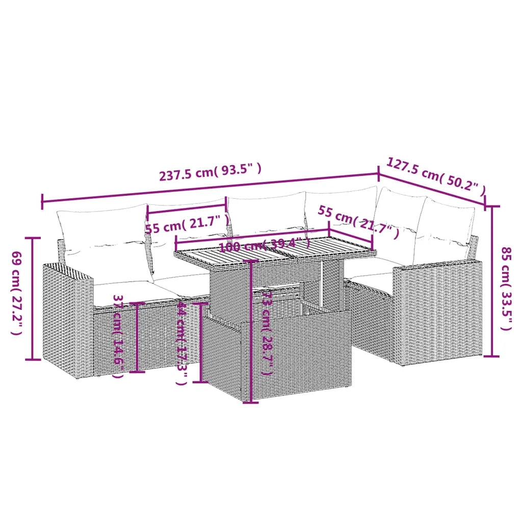 Set Divano da Giardino 6 pz con Cuscini Nero in Polyrattan 3271300