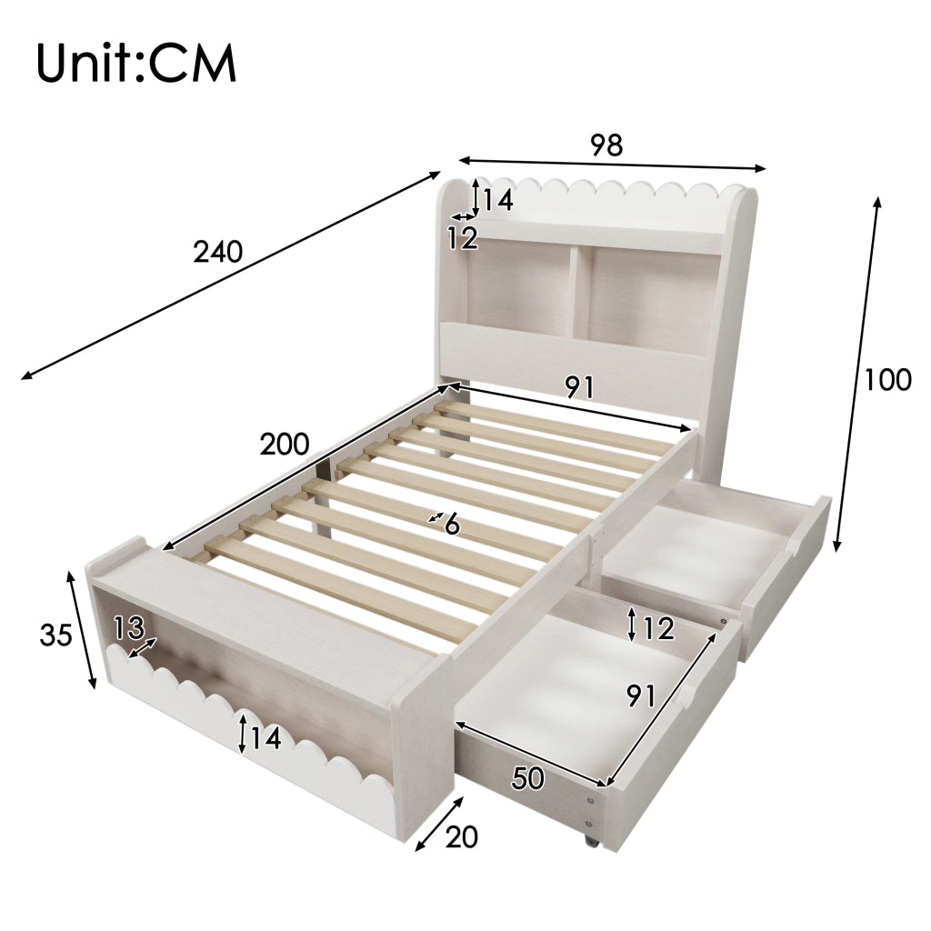 OKWISH Letto Bambino 90×200 cm, Letto Singolo con 2 Cassetti, Mensole e Panca Contenitore, senza Materasso, Legno e MDF, Bianco e Rovere