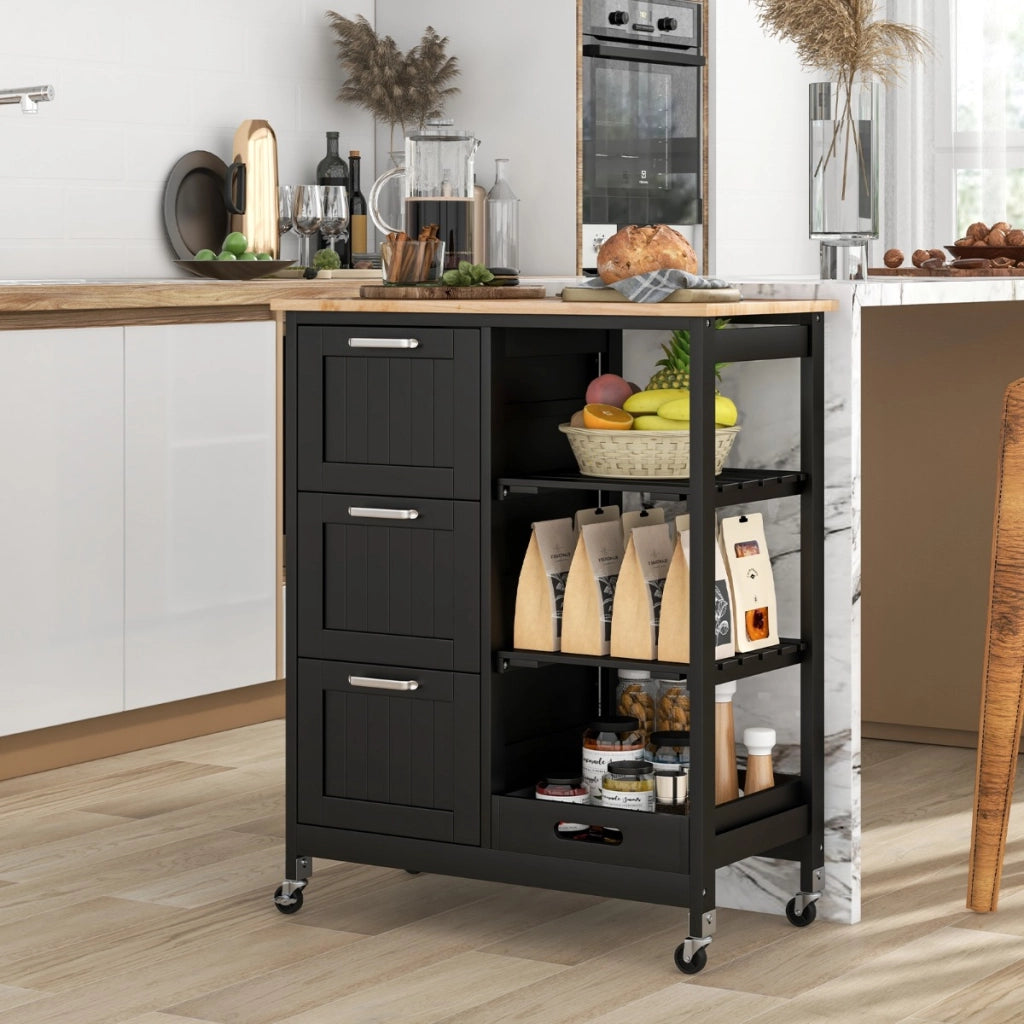 Isola cucina con ruote bloccabili piano in legno di gomma e 2 ripiani rimovibili-Carrello multiuso Nero