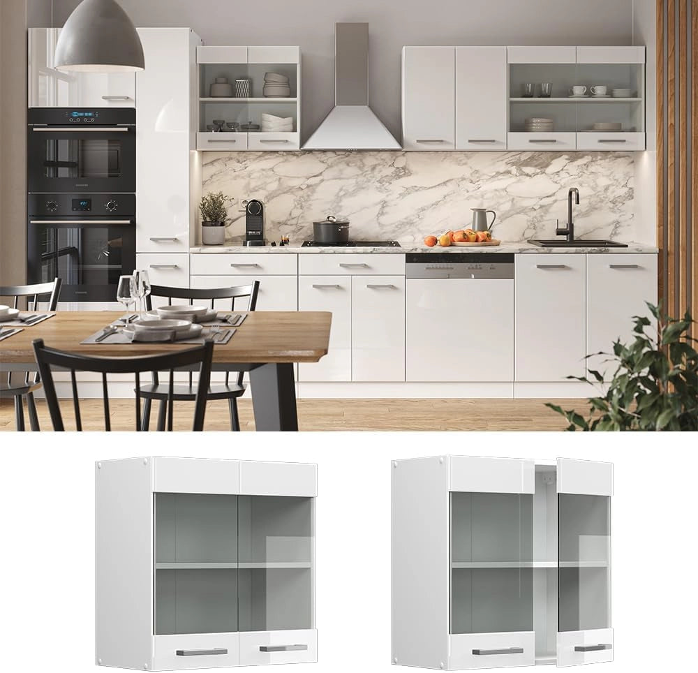 Mobile da cucina in vetro R-Line, Bianco lucido, 60 cm, per la libera combinazione all'interno di sistemi cucina modulari