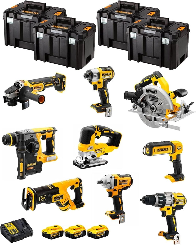 DeWALT Kit DWK901T (DCD996 + DCH273 + DCG405 + DCF887 + DCF894 + DCS334 + DCS570 + DCS367 + DCL050 + 3 Batterie 5,0 Ah + Caricabatterie + 4 x TSTAK VI)
