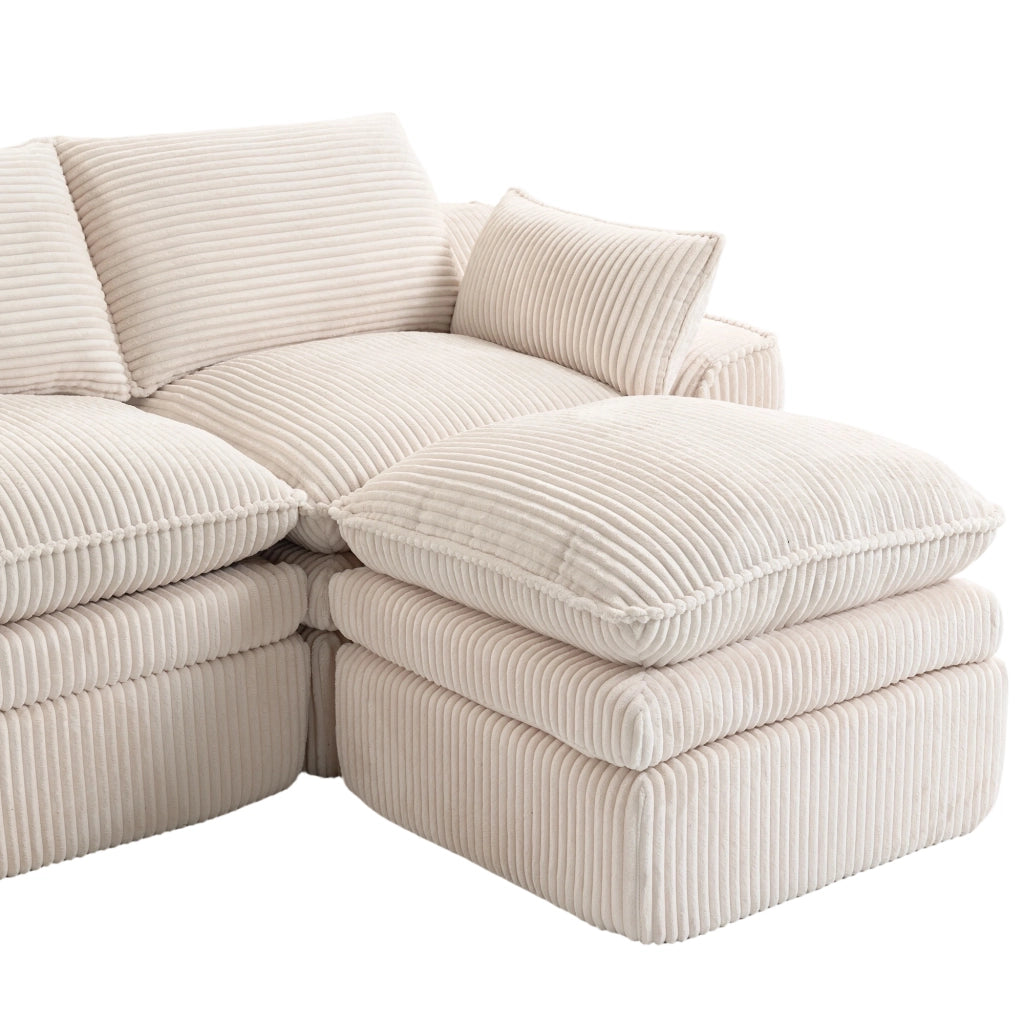DIVANO MODULARE 4 POSTI 335x167x85 cm Corduroy Beige con 2 Pouf