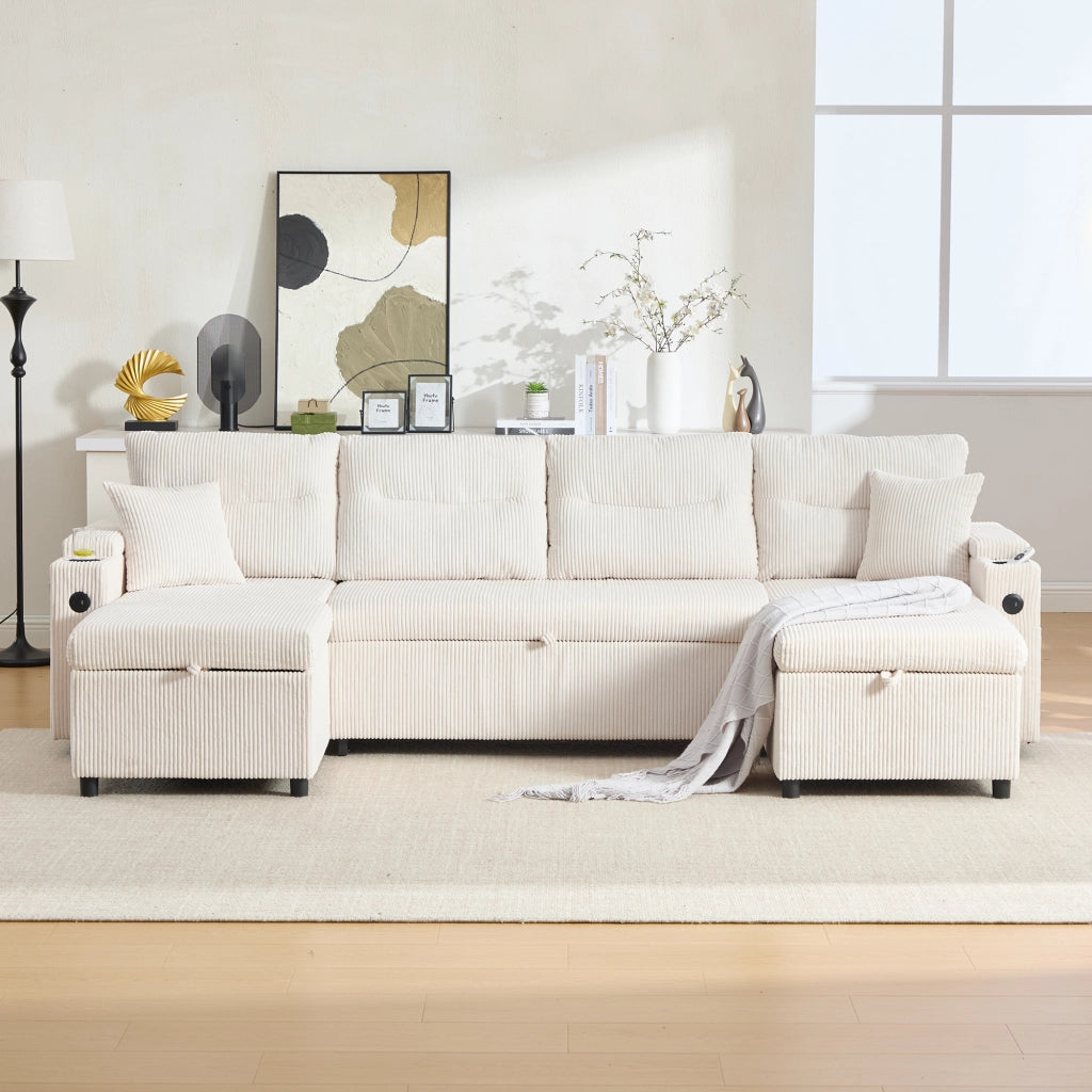 DIVANO 4 posti con doppia chaise longue 272x136x86 cm in corduroy beige