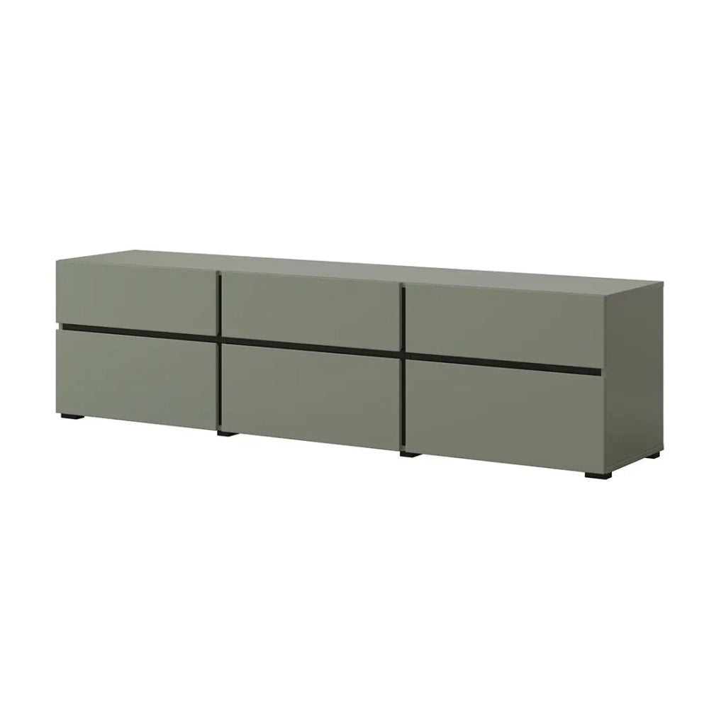 Mobile TV colore verde salvia 180cm collezione HAVANA. Mobile design con 3 porte e 3 cassetti.
