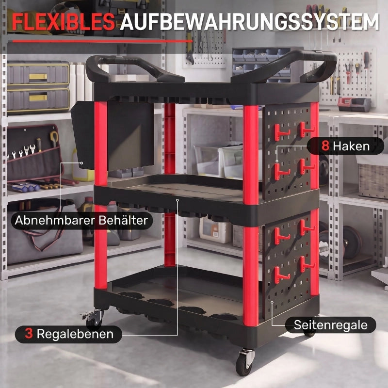 CARRELLO PORTAUTENSILI a 3 livelli 95x43x96 cm Polipropilene Nero/Rosso