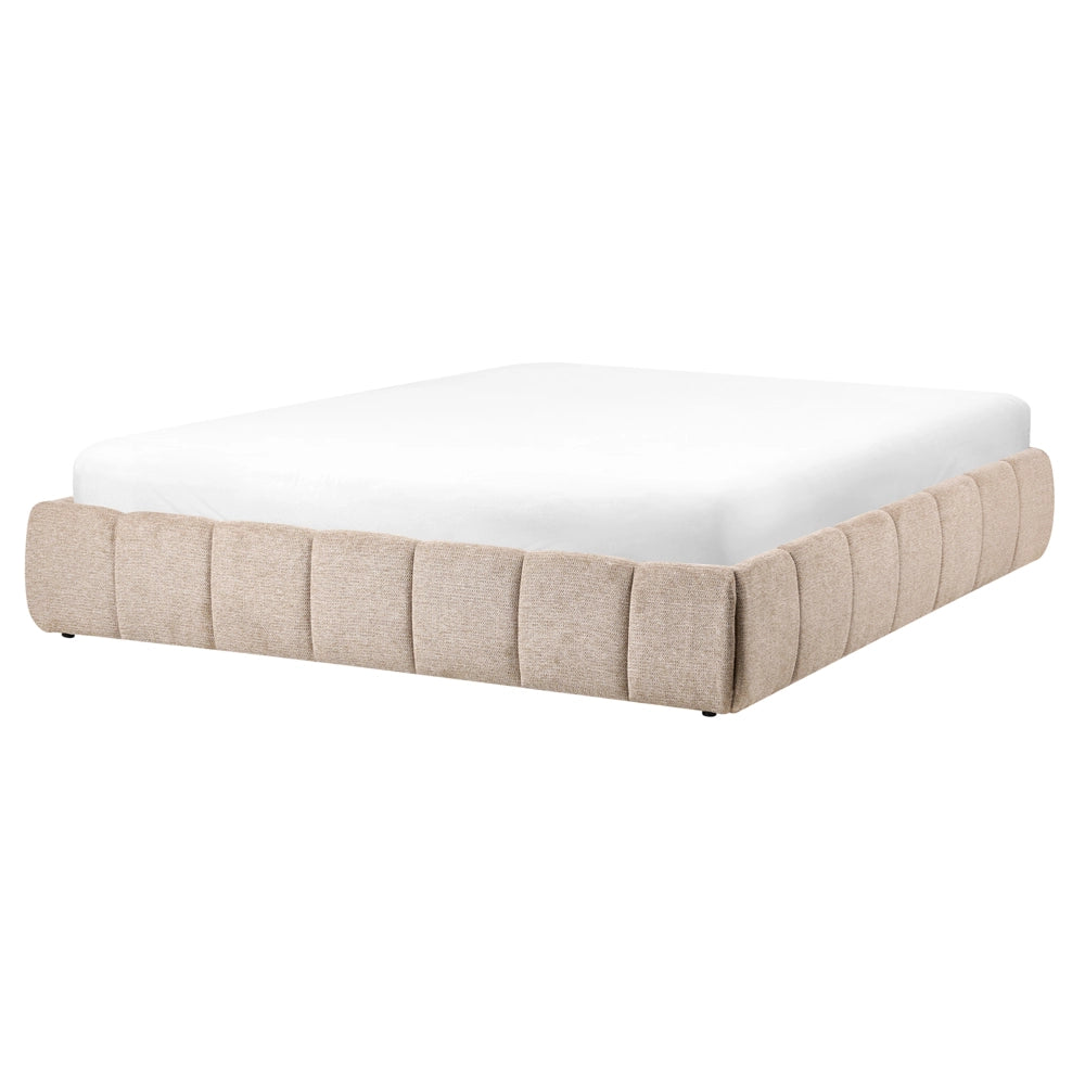 Letto matrimoniale in tessuto beige imbottita, con contenitore e panca 160x200 cm design moderno
