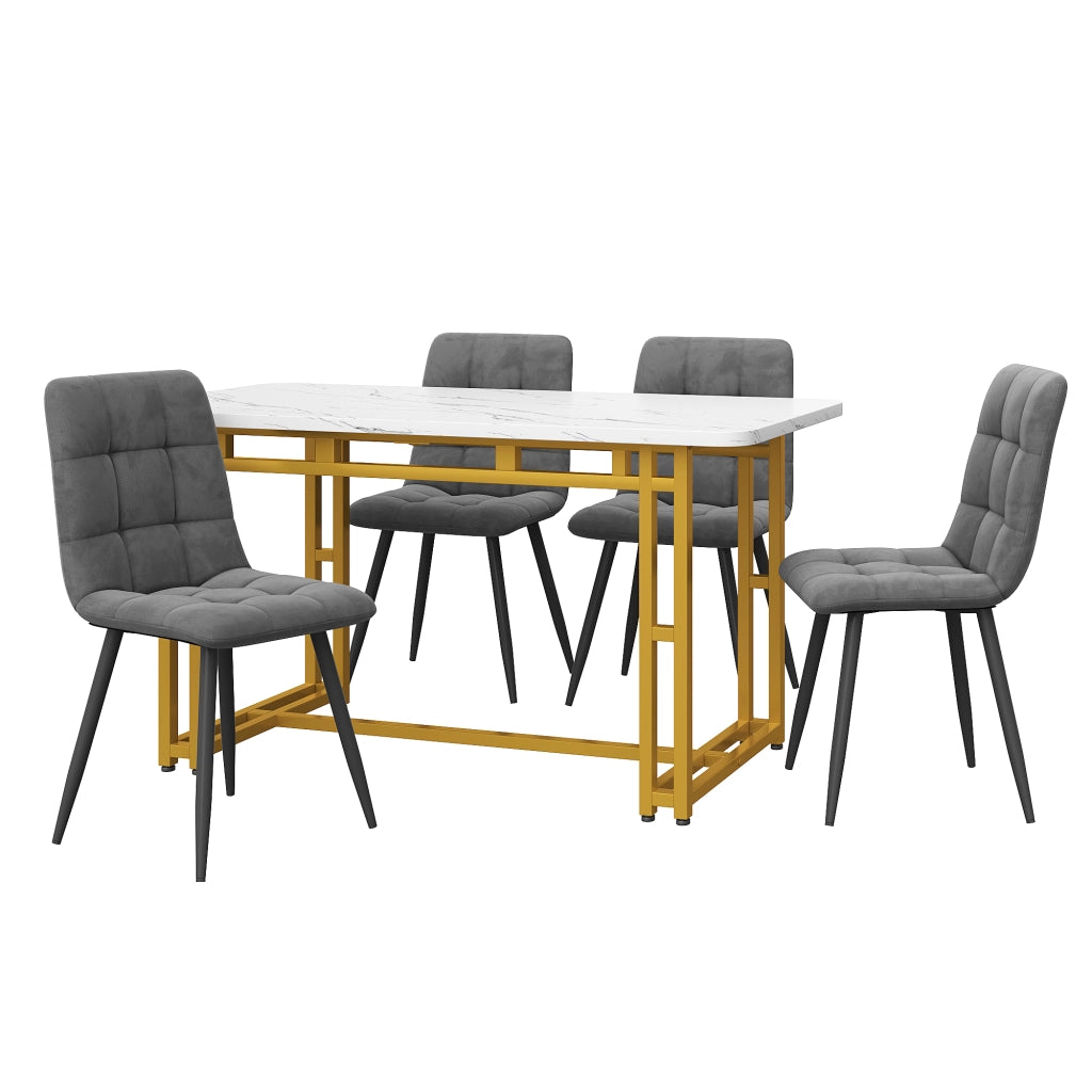 Tavolo da pranzo con 4 sedie in velluto, piano in MDF e gambe in metallo dorato, per cucina e soggiorno, 120 × 70 cm