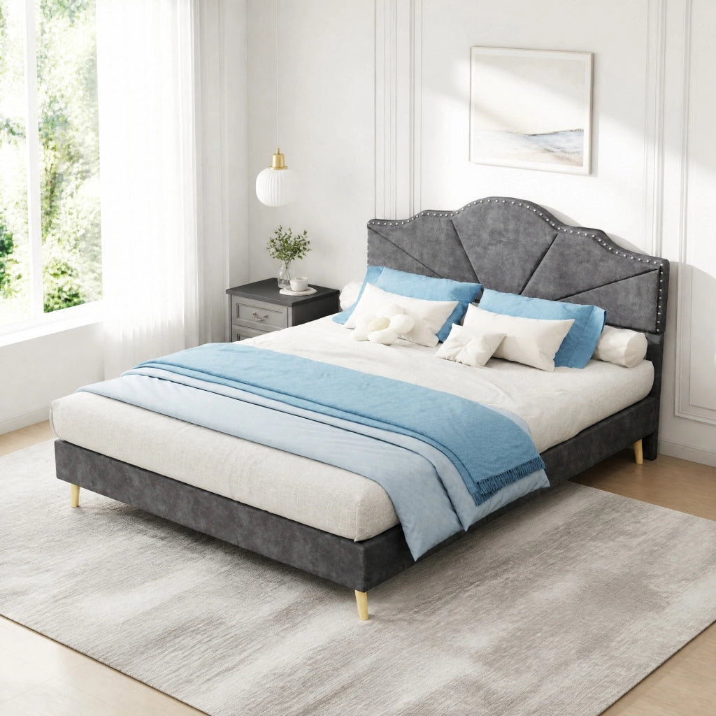 Letto matrimoniale imbottito con testiera geometrica 140x200 cm; grigio