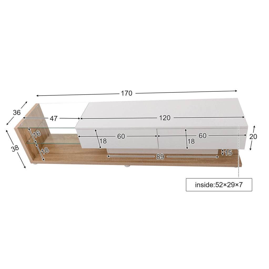 Mobile TV 170 cm con 2 cassetti; 2 ripiani in vetro e LED multicolore; bianco lucido