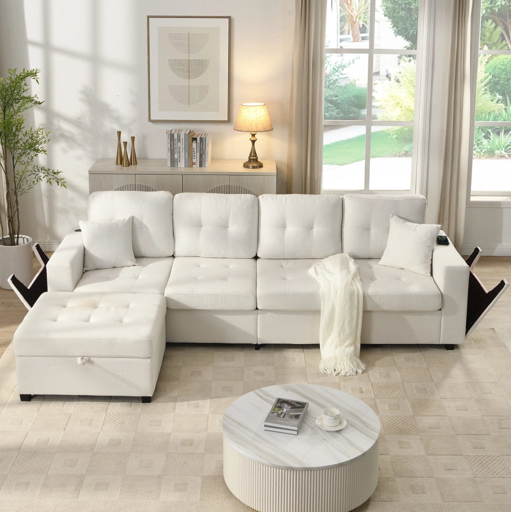 Divano angolare modulare 4 posti beige con pouf contenitore, USB-C e LED