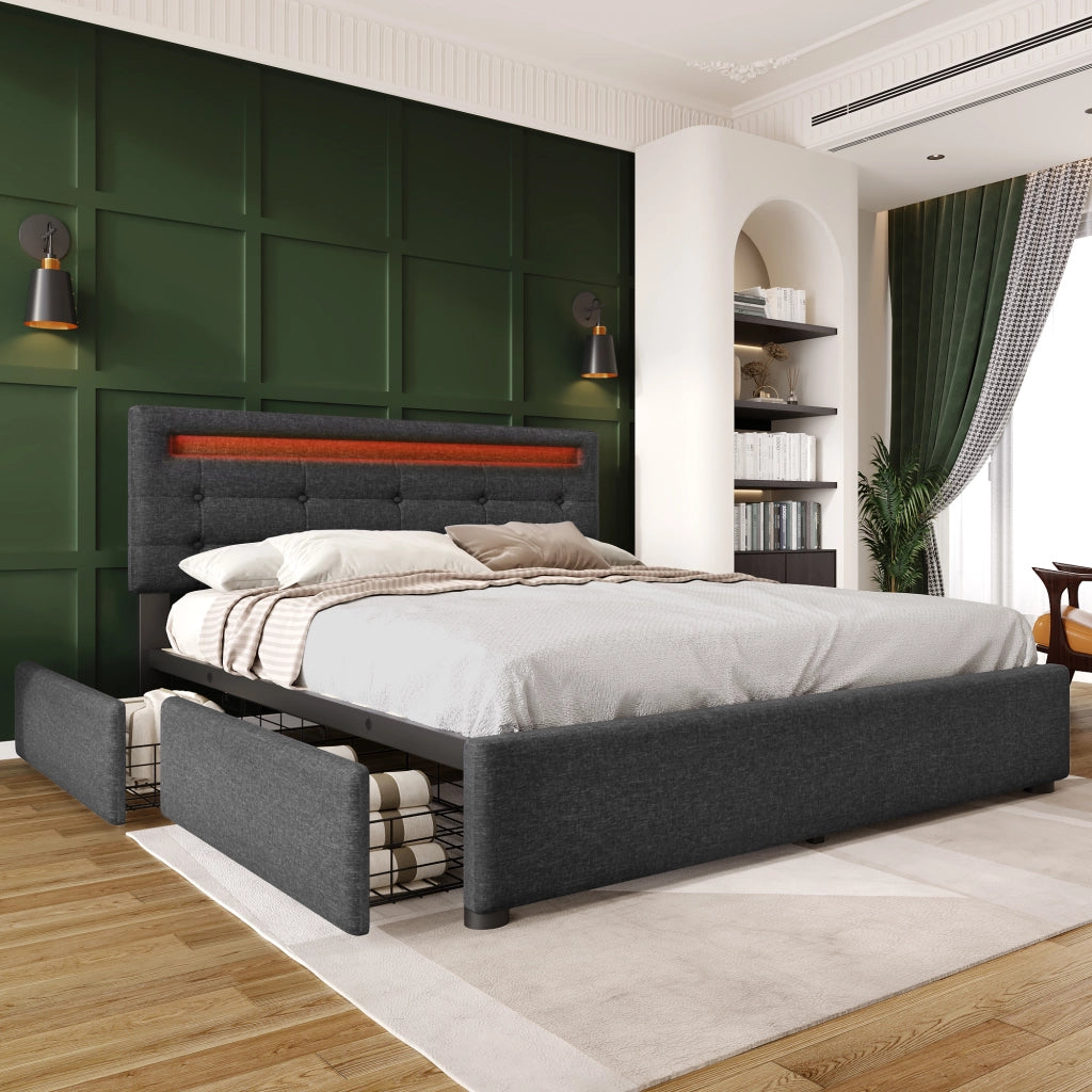 DESMIU Letto contenitore 140 × 200 cm 2 posti con LED, 4 cassetti e testiera regolabile, senza materasso, in lino, grigio