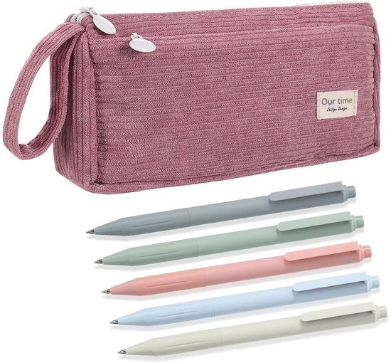Etui per organizzatore in corduroy per ragazze, set di 5 penne, etui per scuola, etui per ufficio, capacità di contenimento: 10 pezzi.