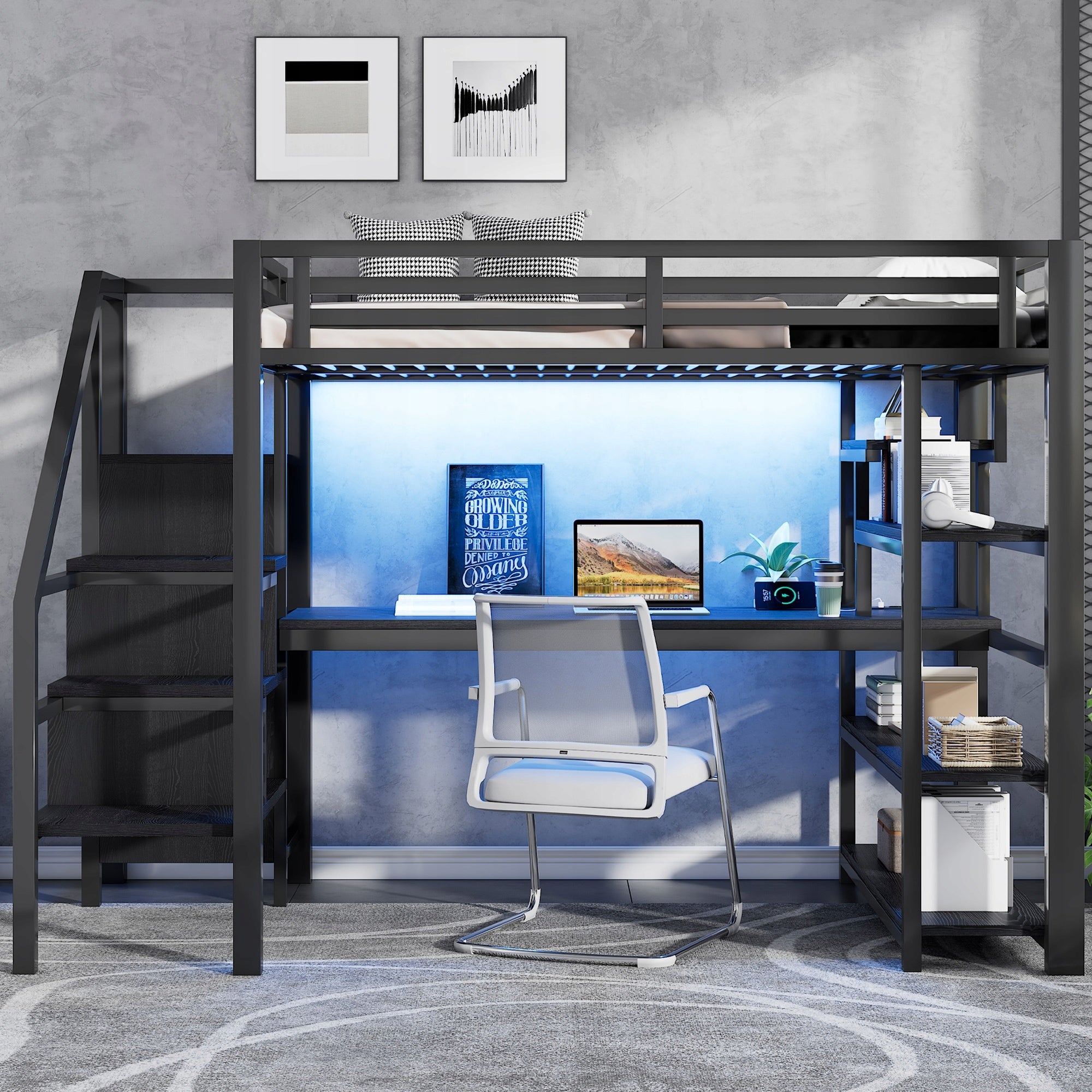 Letto a castello con scrivania e armadio - Xylo - 140x200 - Nero - USB, LED