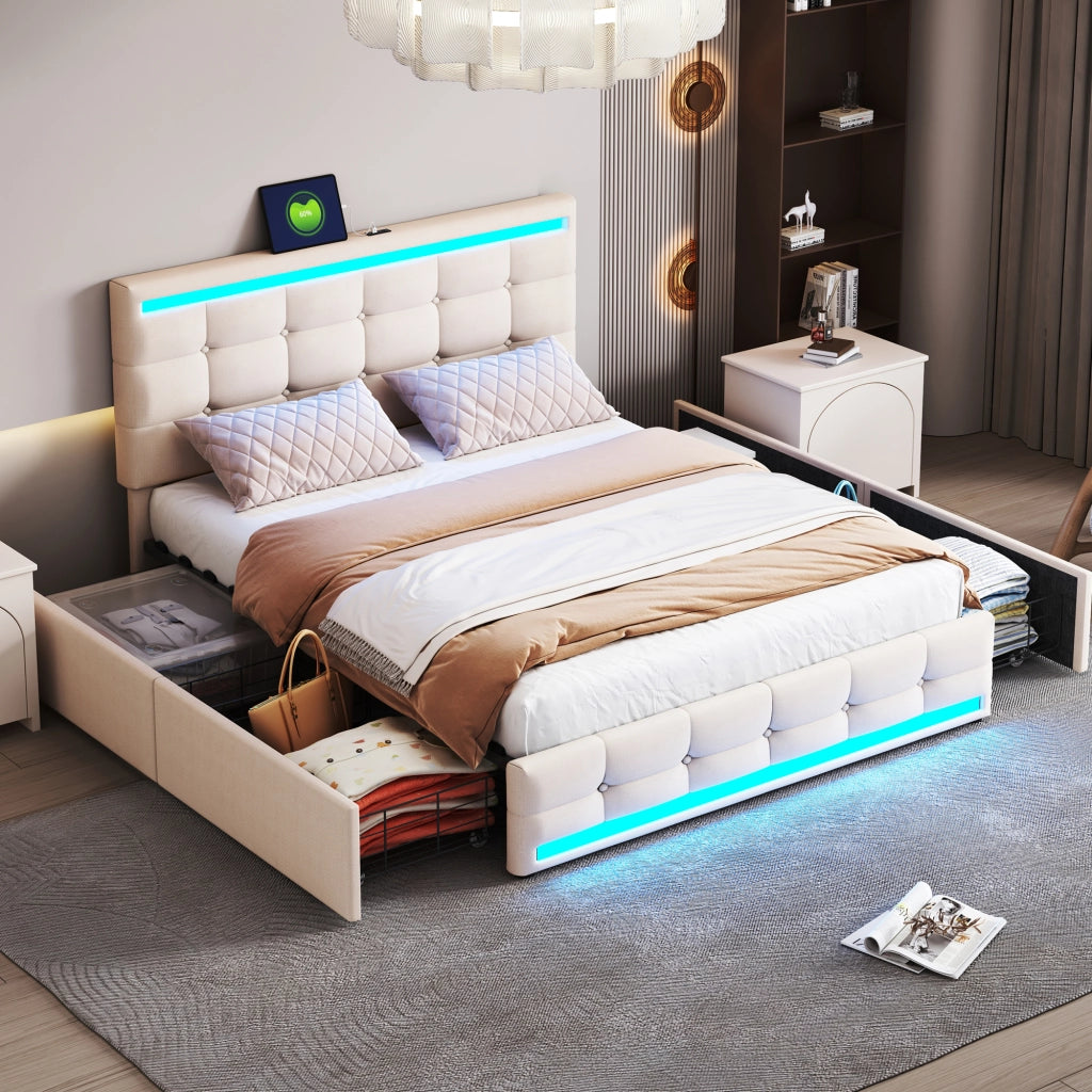 OKWISH Letto con Cassetti 140×200 cm, Letto Matrimoniale con 4 Cassetti, LED Regolabile, 2 USB e Telecomando, senza Materasso, Beige