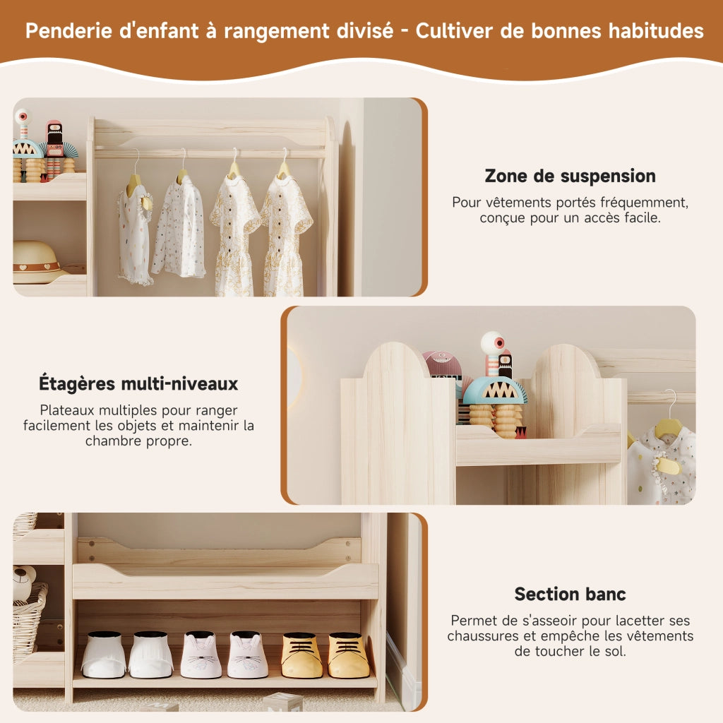Armadio modulare aperto per bambini con asta appendiabiti e 4 ripiani, in MDF, naturale, 110 × 39 × 110 cm