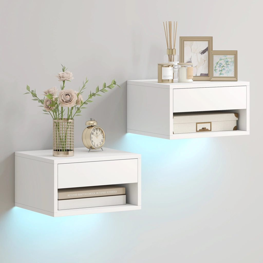 Comodino sospeso con luce LED RGB, scaffale, cassetto ¨C Minimal ¨C bianco, 37x32x21cm
