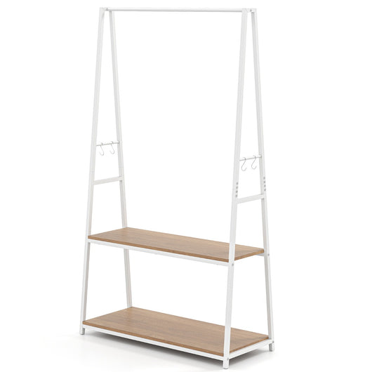 Appendiabiti autoportante con struttura in metallo resistente da letto, Appendiabiti autoportante con 2 ripiani Bianco + Naturale-Appendiabiti