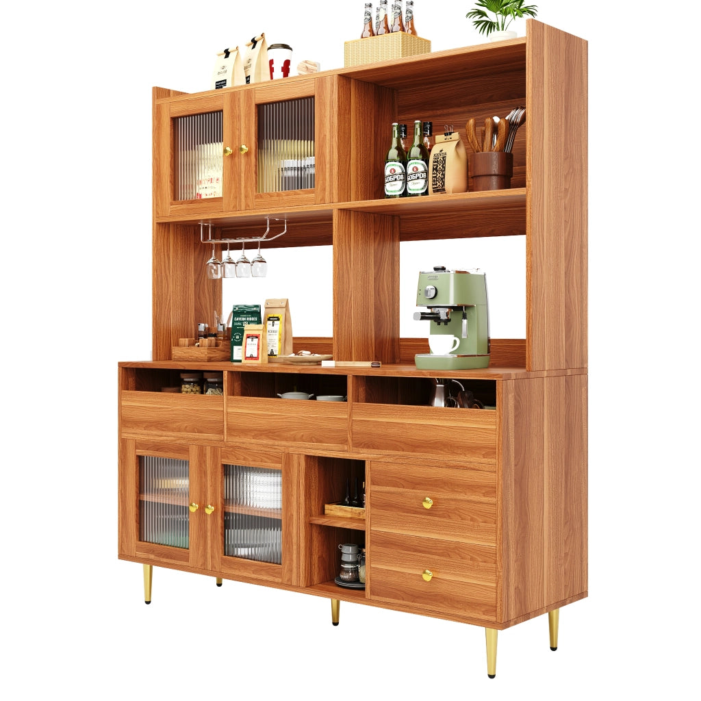 Credenza Alta da Cucina con Vani Aperti; Anta in Vetro Cannelato e Portabottiglie; in MDF; 145 x 39 x 171 cm