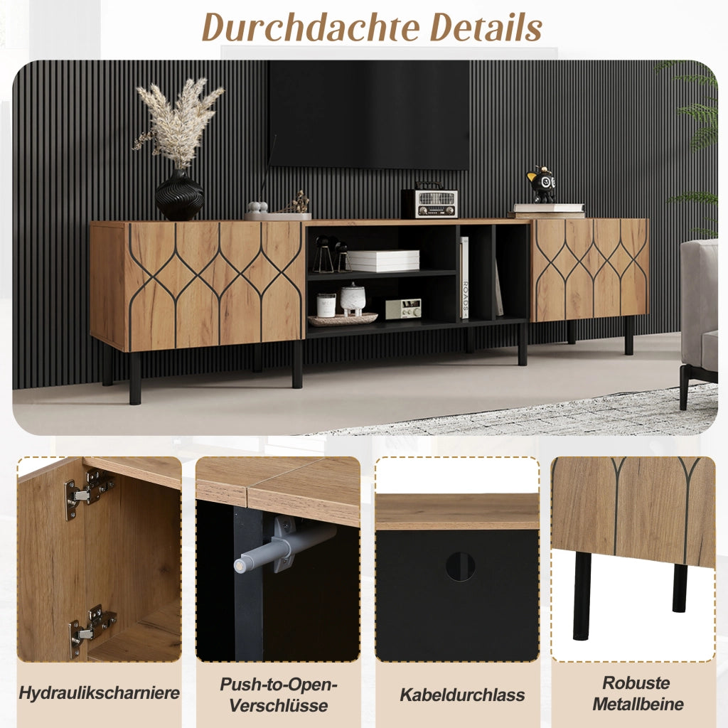 Mobile porta tv con 2 ante e 4 vani aperti, push-to-open, in MDF e truciolare, per salotto, nero naturale, 180 × 40 × 50 cm