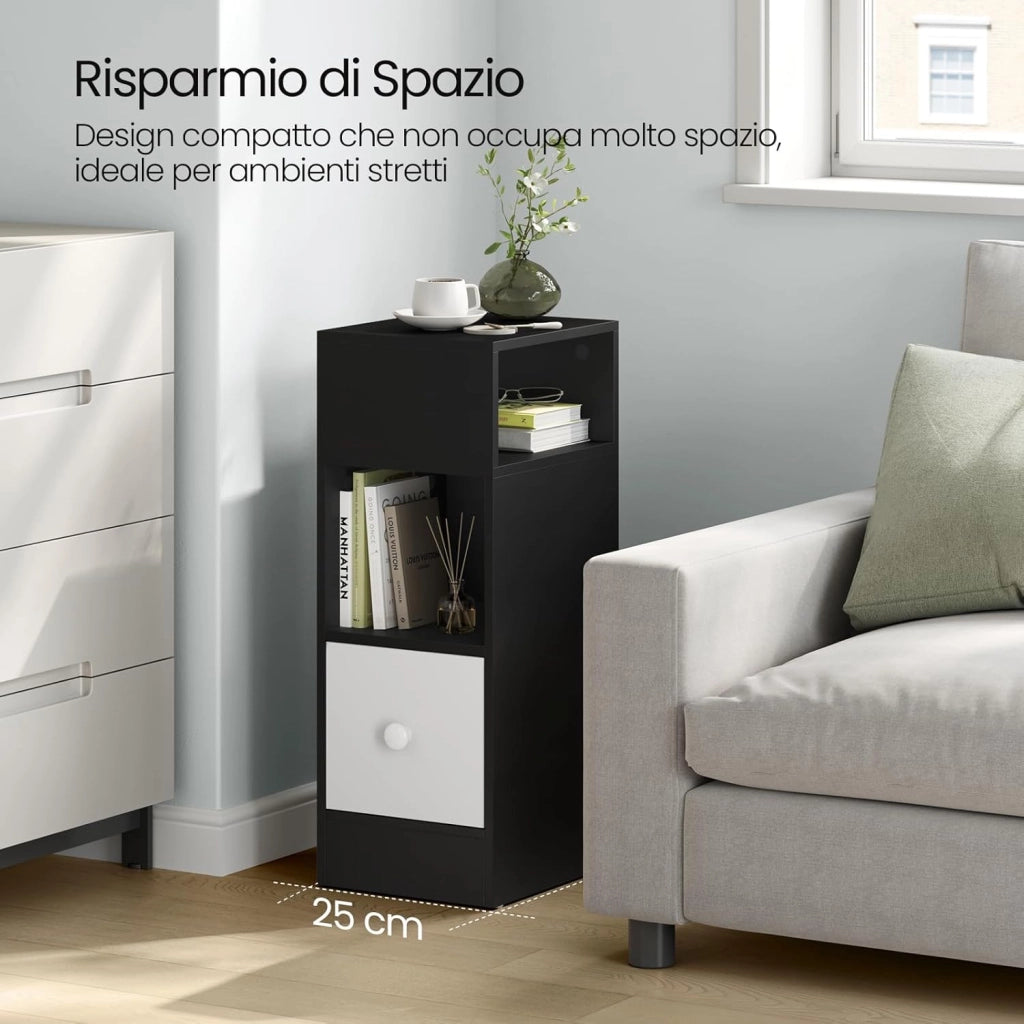 Set di 2 Comodino Stretto, Comodino con 2 Scomparti a Giorno e Cassetto, Tavolino da Notte 25x30x66cm, Mobile Salvaspazio per Camera da Letto, Soggiorno, in Truciolato, Rovere, 0010CTG-2