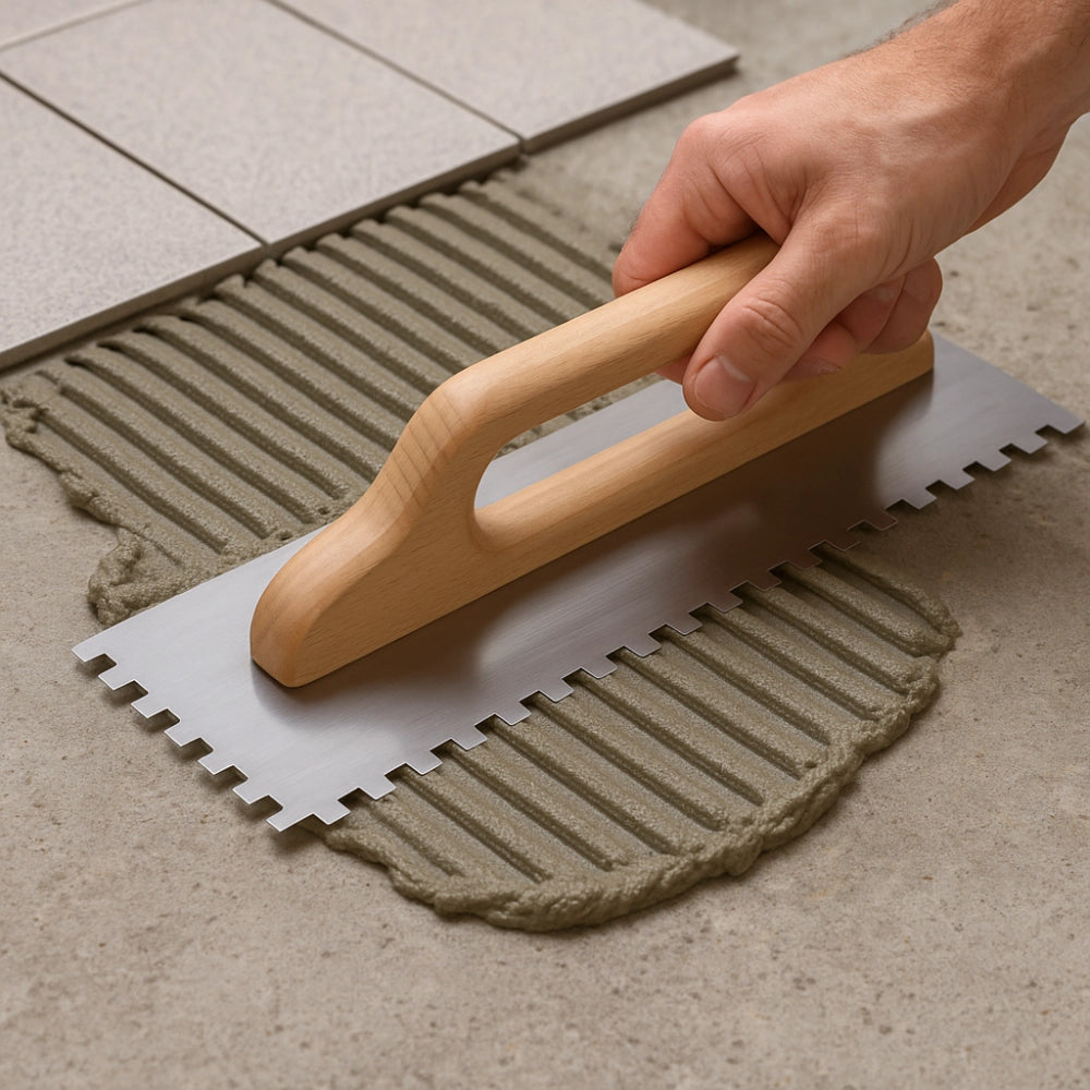 Spatola dentata acciaio 48x13cm impugnatura legno cerato 10x10mm