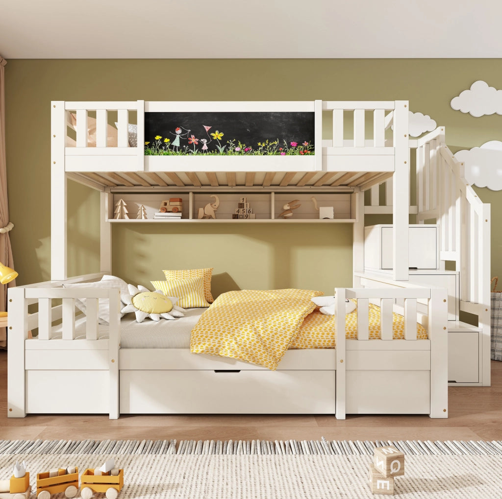 Letto a castello 90x200 e 140x200 in legno bianco con lavagna e contenitori