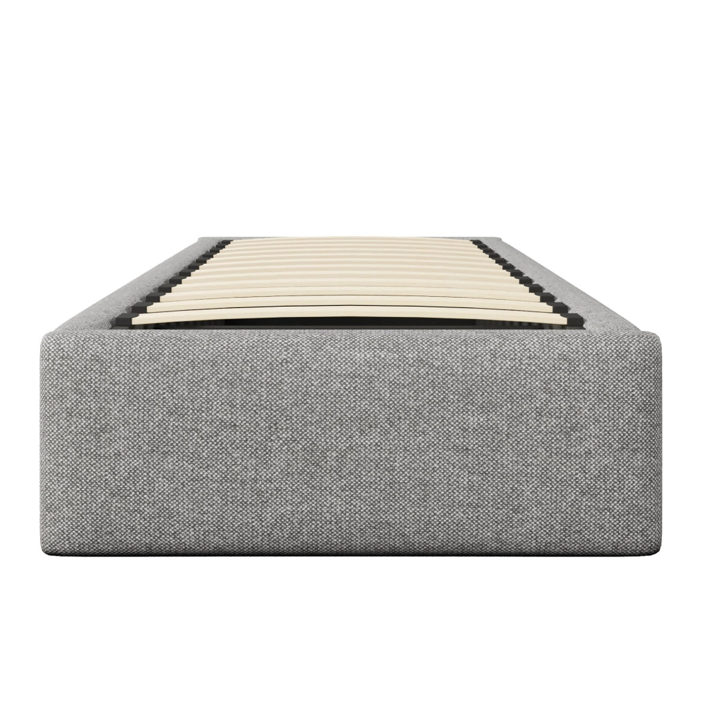 Letto imbottito 203x92x31 cm con contenitore idraulico e cassetto; rivestimento in cotone e lino grigio