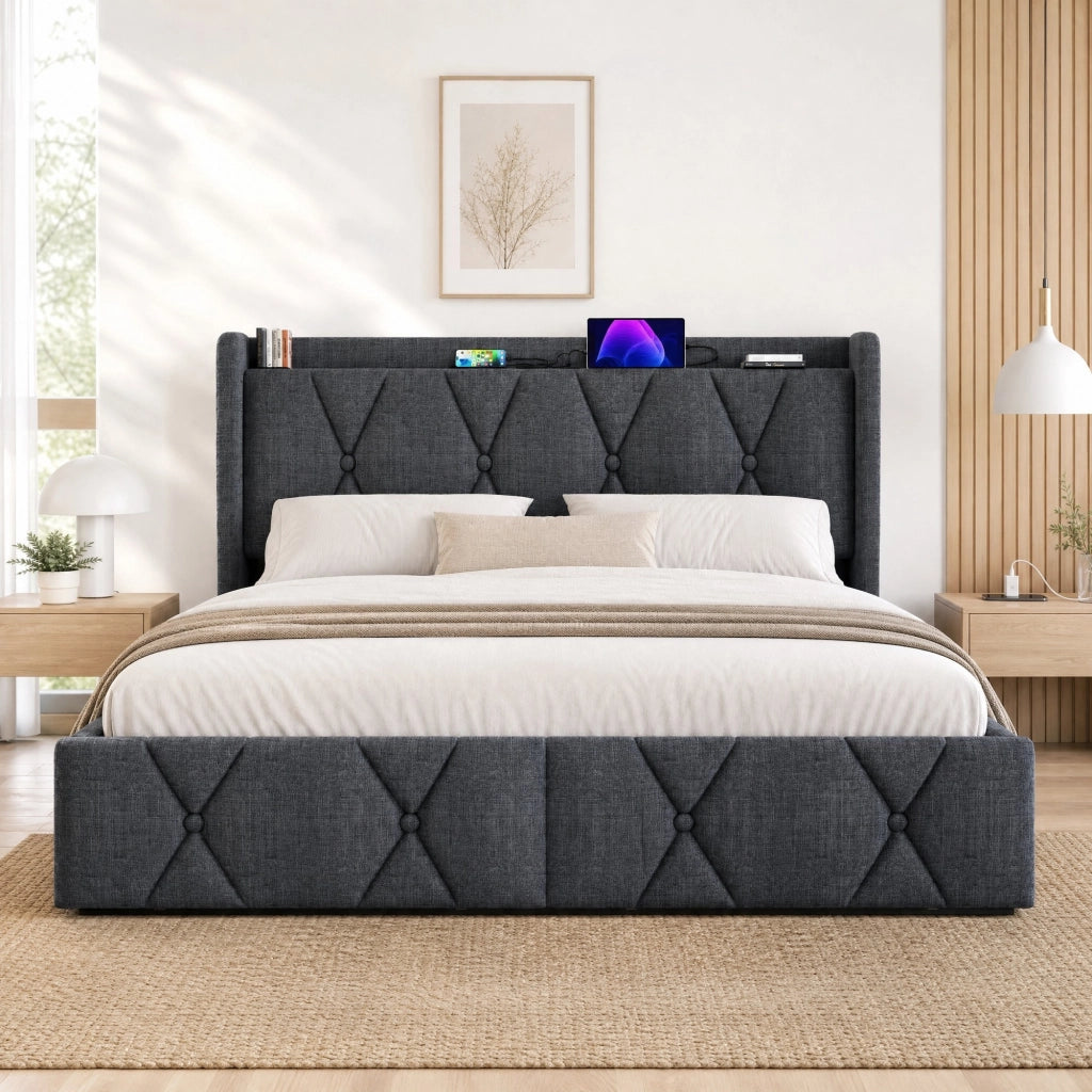 Letto contenitore matrimoniale 140x200 cm in tessuto grigio con 4 cassetti, testiera con prese e USB, senza materasso
