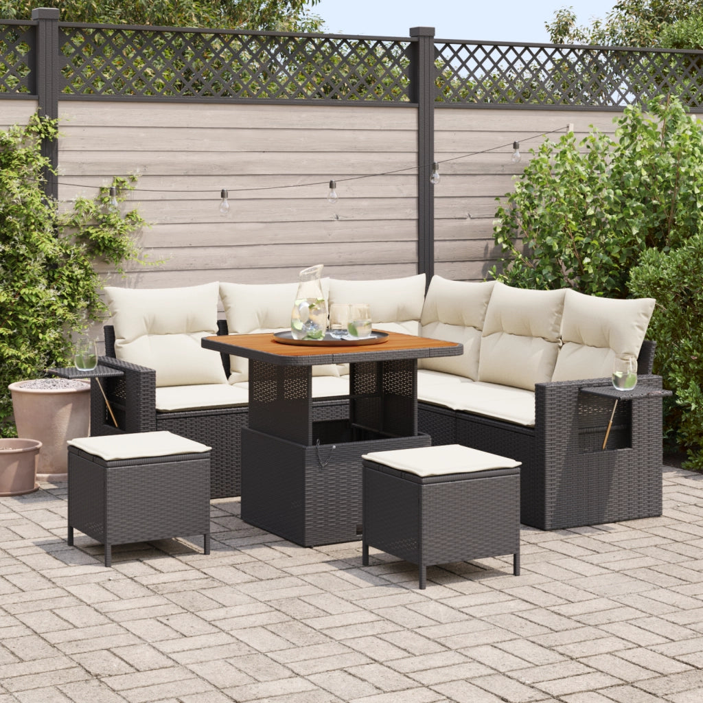 Set Divano da Giardino  8 Pezzi con Cuscini Nero Polyrattan Acacia
